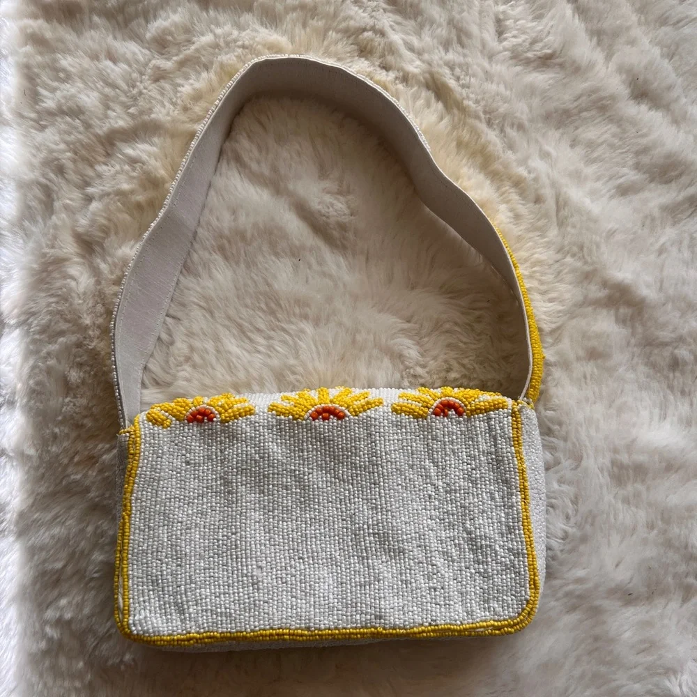 Beaded White Shoulder Bag with Yellow Sunflower Accents